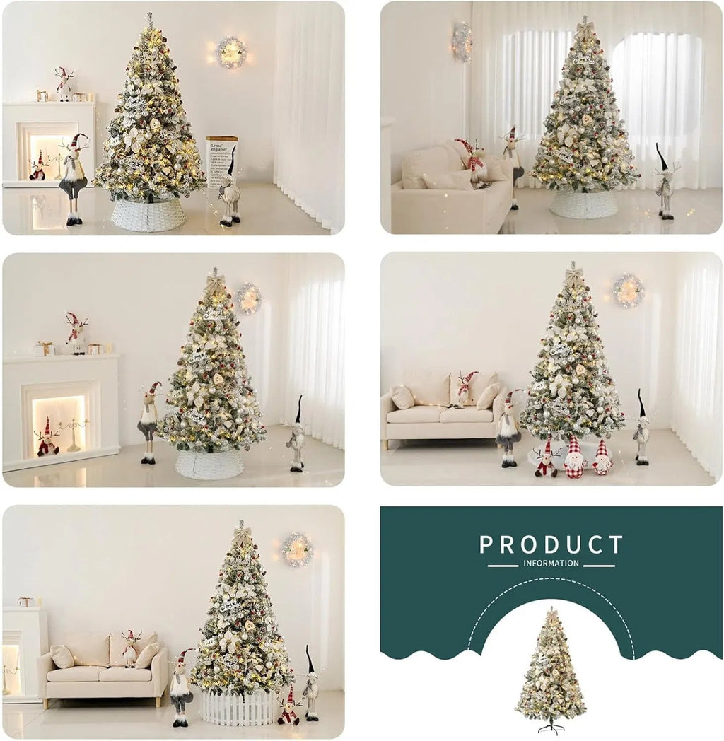 6FT/7FT Flocked Christmas Tree Lighted Pre Lit Xmas Tree with Decoration and Metal Stand for Indoor or Outdoor