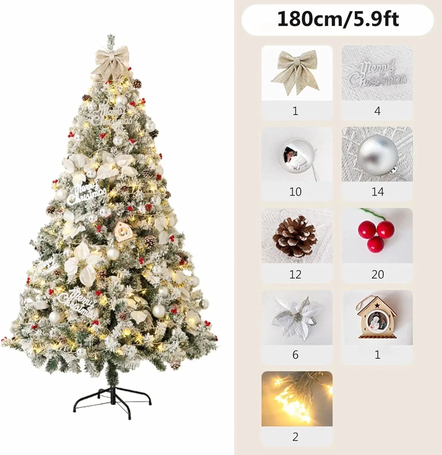 6FT/7FT Flocked Christmas Tree Lighted Pre Lit Xmas Tree with Decoration and Metal Stand for Indoor or Outdoor