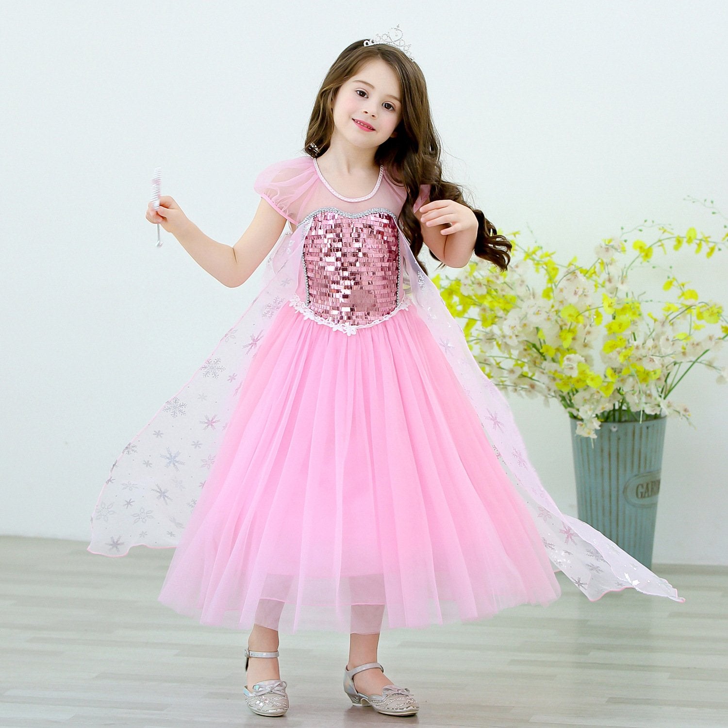 Kids Pink Elsa Dress Summer Party Dress Birthday Dress Up for Girls 3T-10 Years