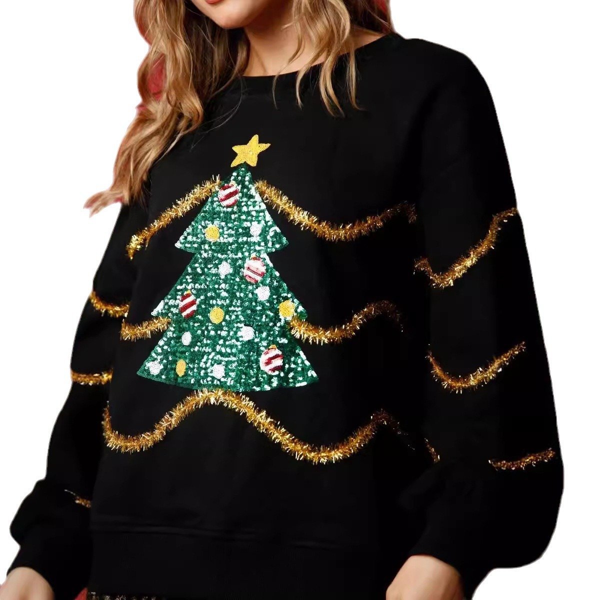 Women Christmas Top Holiday Party Outift Sequin Xmas Tree and Stripes Sweatshirt