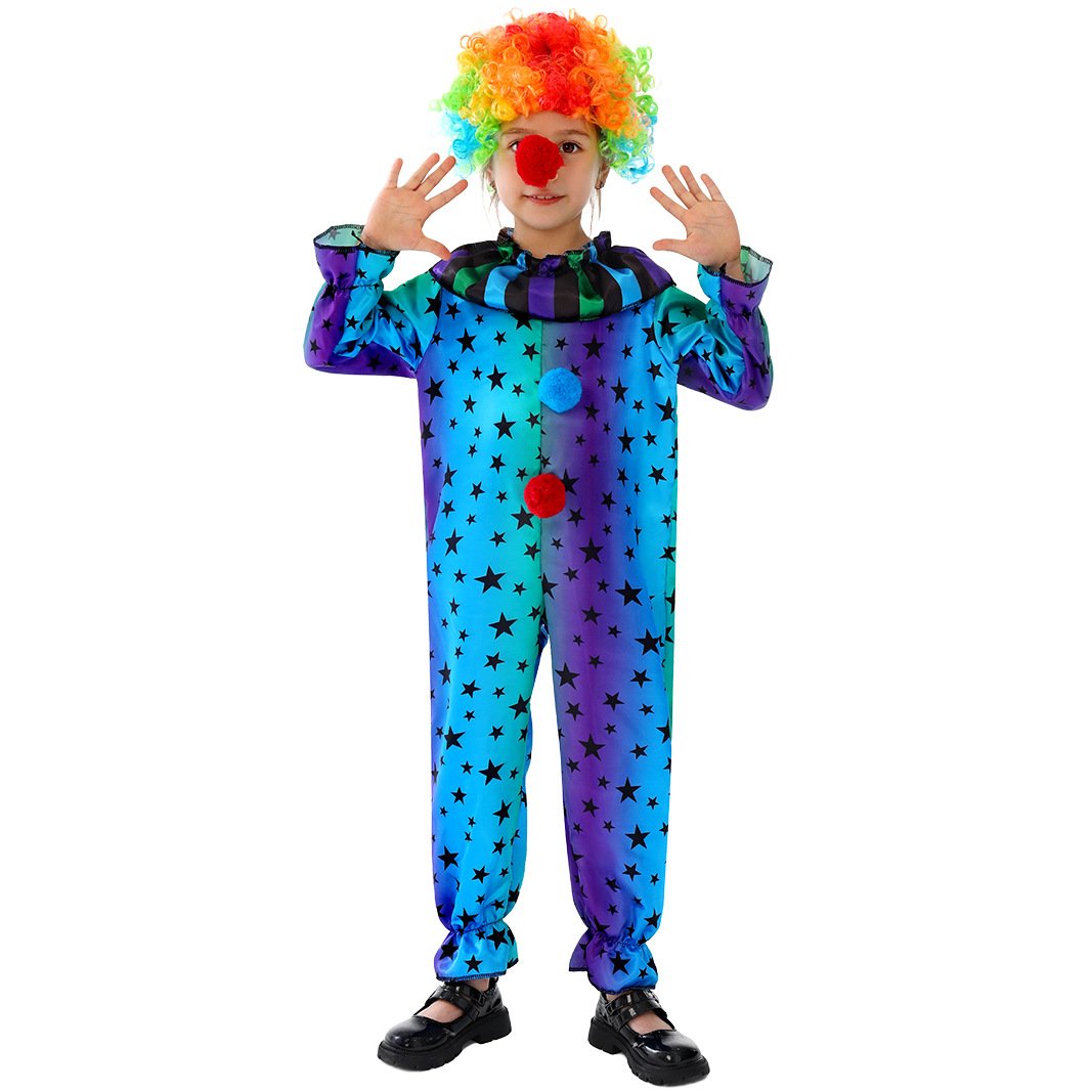 Kids Mardi Gras Jester Costume Jumpsuit Wig and Nose Outfit for Boys Girls
