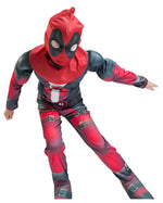 Kids Deady Pool Costume Red Muscle Jumpsuit with Helmet 2pcs Suit for Dress Up Party