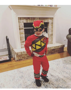 Kids Red Dragon Ranger Outfit Muscle Chest Jumpsuit with Helmet for Cosplay Party