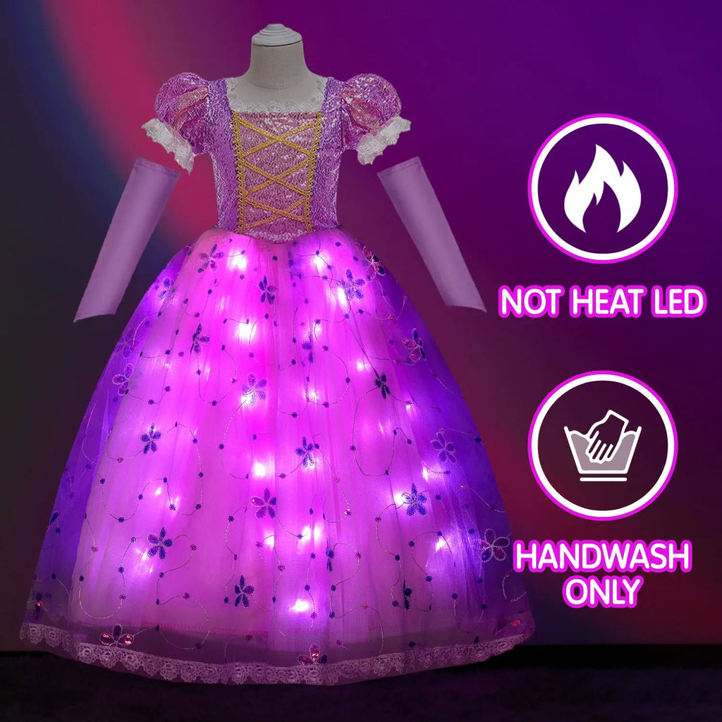 Girls Light Up Princess Dress Pink Puff Sleeve Party Long Dress Ball Gown
