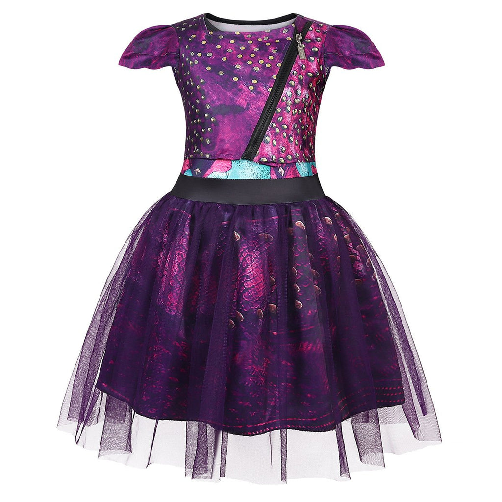 Kids Princess Mal Dress Queen Tulle Mesh Purple Costume and Wig for Party