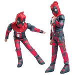 Kids Deady Pool Costume Red Muscle Jumpsuit with Helmet 2pcs Suit for Dress Up Party