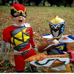 Kids Red Dragon Ranger Outfit Muscle Chest Jumpsuit with Helmet for Cosplay Party