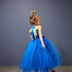 Girls Evie Dress Blue Ball Gown Tulle Party Dress with Crown for Cosplay