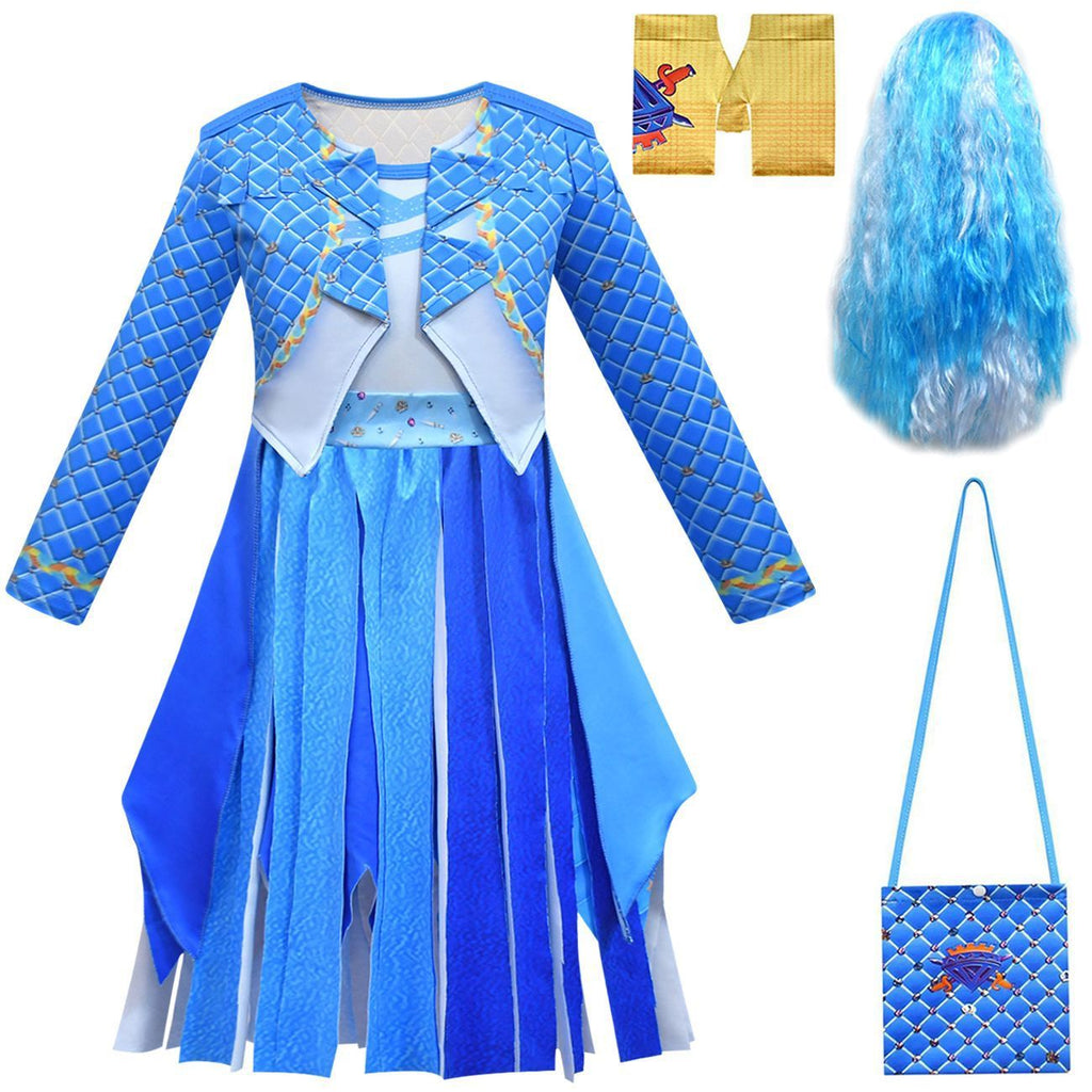 Girls Chloe Charming Costume Blue Tassel Dress Wig and Gloves for Dress Up Party