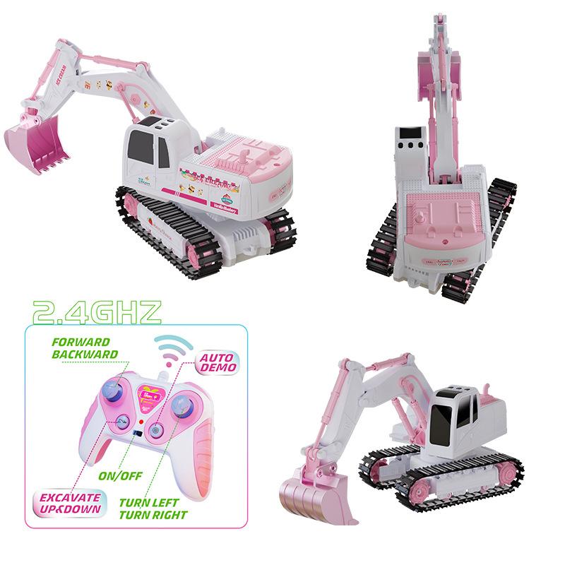 2.4G RC Excavator 6CH Alloy Pink Tracked Remote Control Car For Girls Toys With DIY Stickers