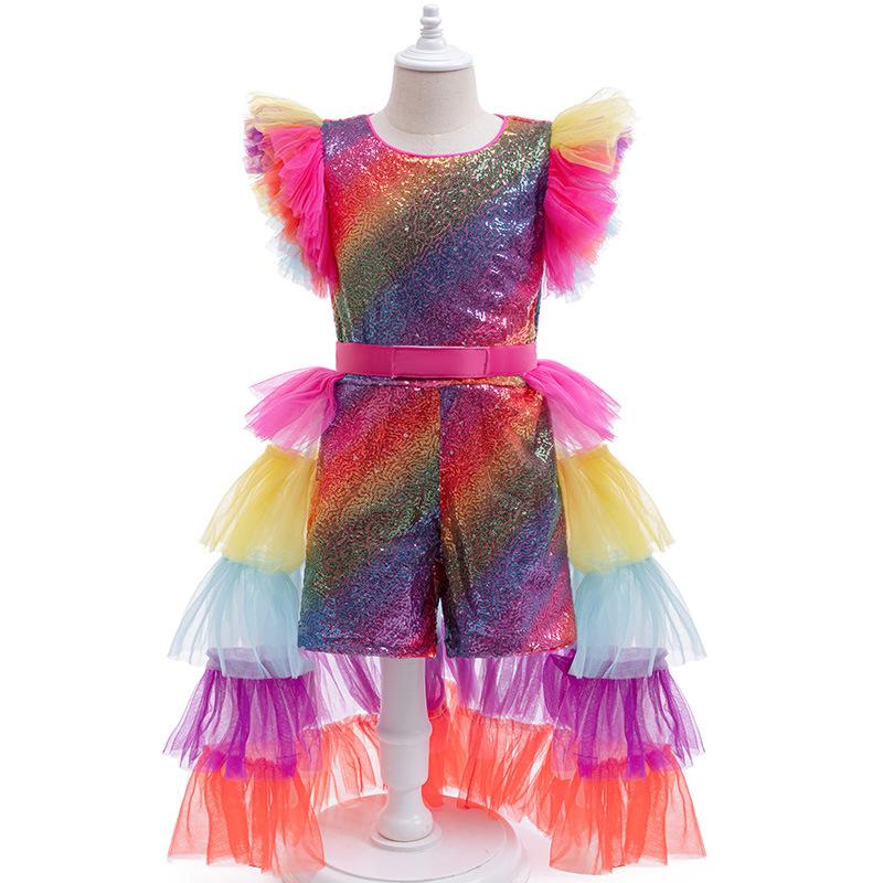 Girls Mardi Gras Costume Sequined Jumpsuit with Tiered Tulle Overskirt for Carnival Parade