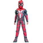 Kids Deady Pool Costume Red Muscle Jumpsuit with Helmet 2pcs Suit for Dress Up Party