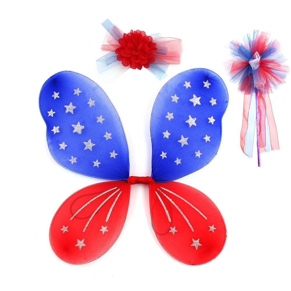 Girls July 4th Outfit Ball Gown Dress with Wing Fairy Wand Headband Full Set for Carnival
