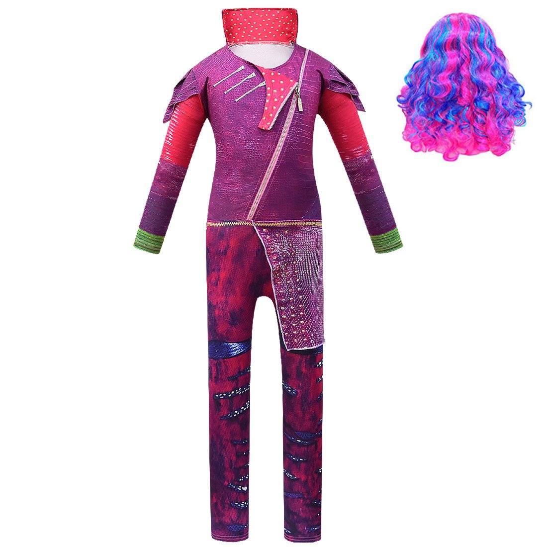 Kids Mal Costume Fashion Dress Up Jumpsuit Wig and Gloves for Halloween Carnival