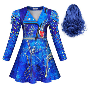 Girls Evie Costume Blue Dress and Wig Cosplay Outfit for Halloween Party