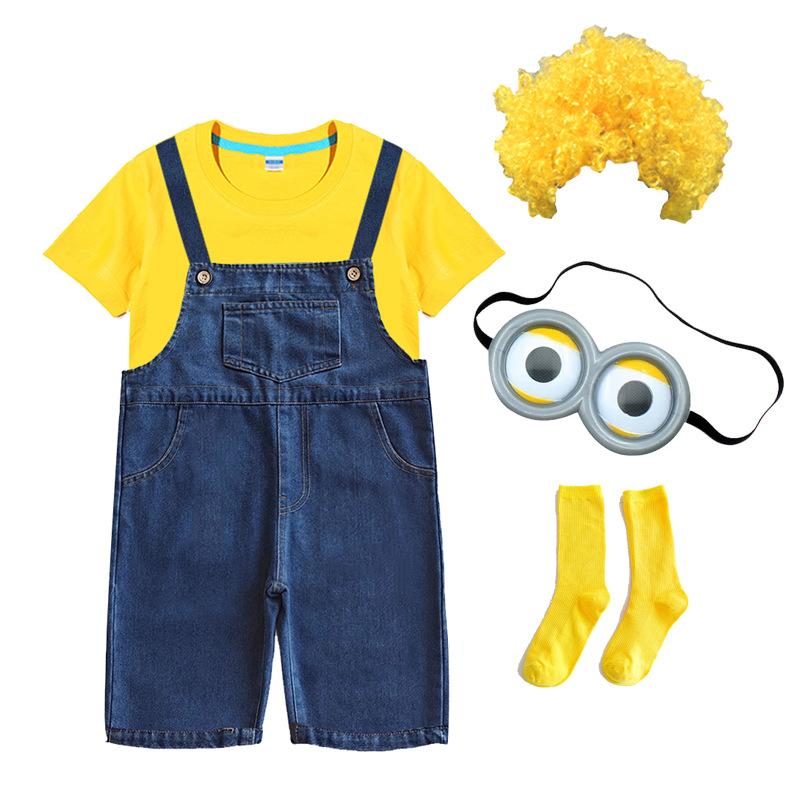 Kids Halloween Outfit Toddler Denim Overalls Yellow Shirt Goggles Wig Suit for Cosplay