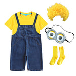 Kids Minion Halloween Outfit Toddler Denim Overalls Yellow Shirt Goggles Wig Suit for Cosplay