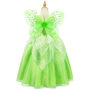 Girls Tink Bell Light Up Dress Green Ball Gown LED Costume With Wing for Dress Up Party