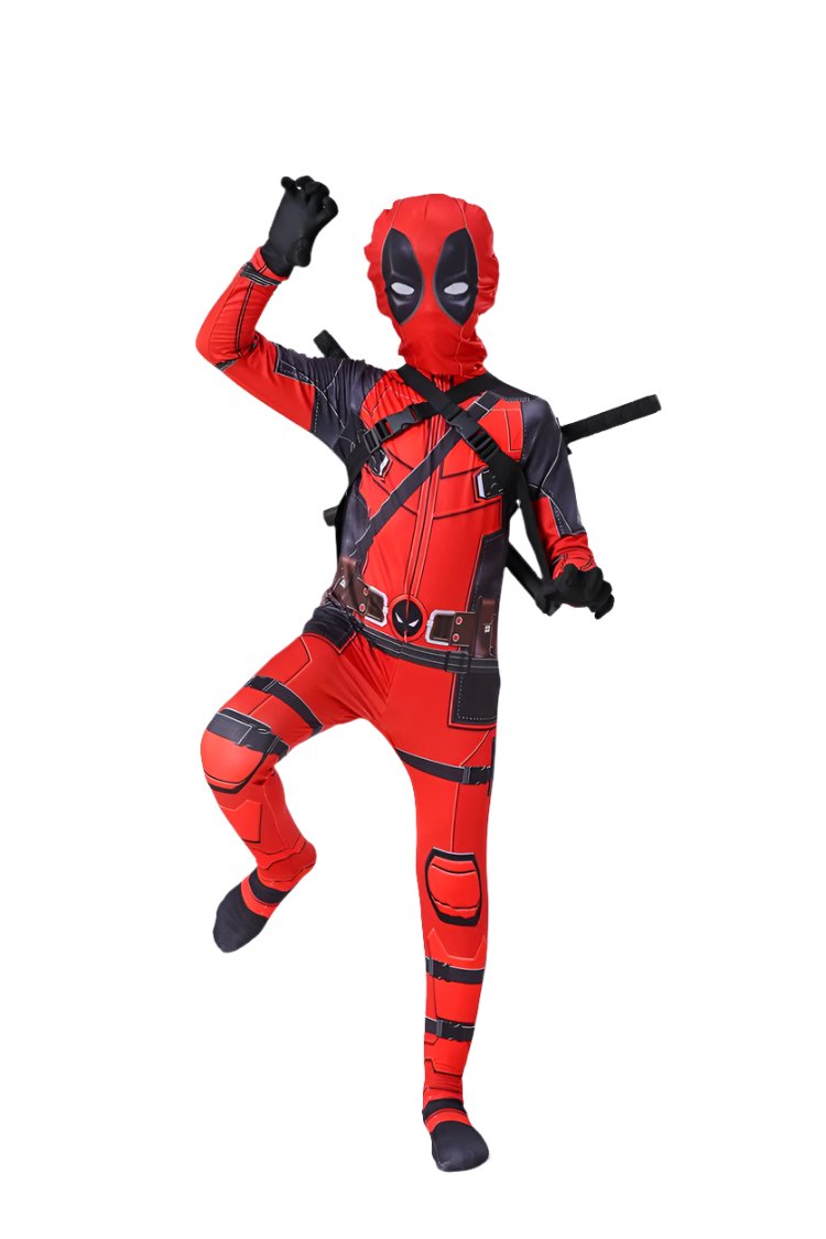 Kids Deady Pool Costume Red Jumpsuit with Helmet Backpack and Swords for Halloween Cosplay