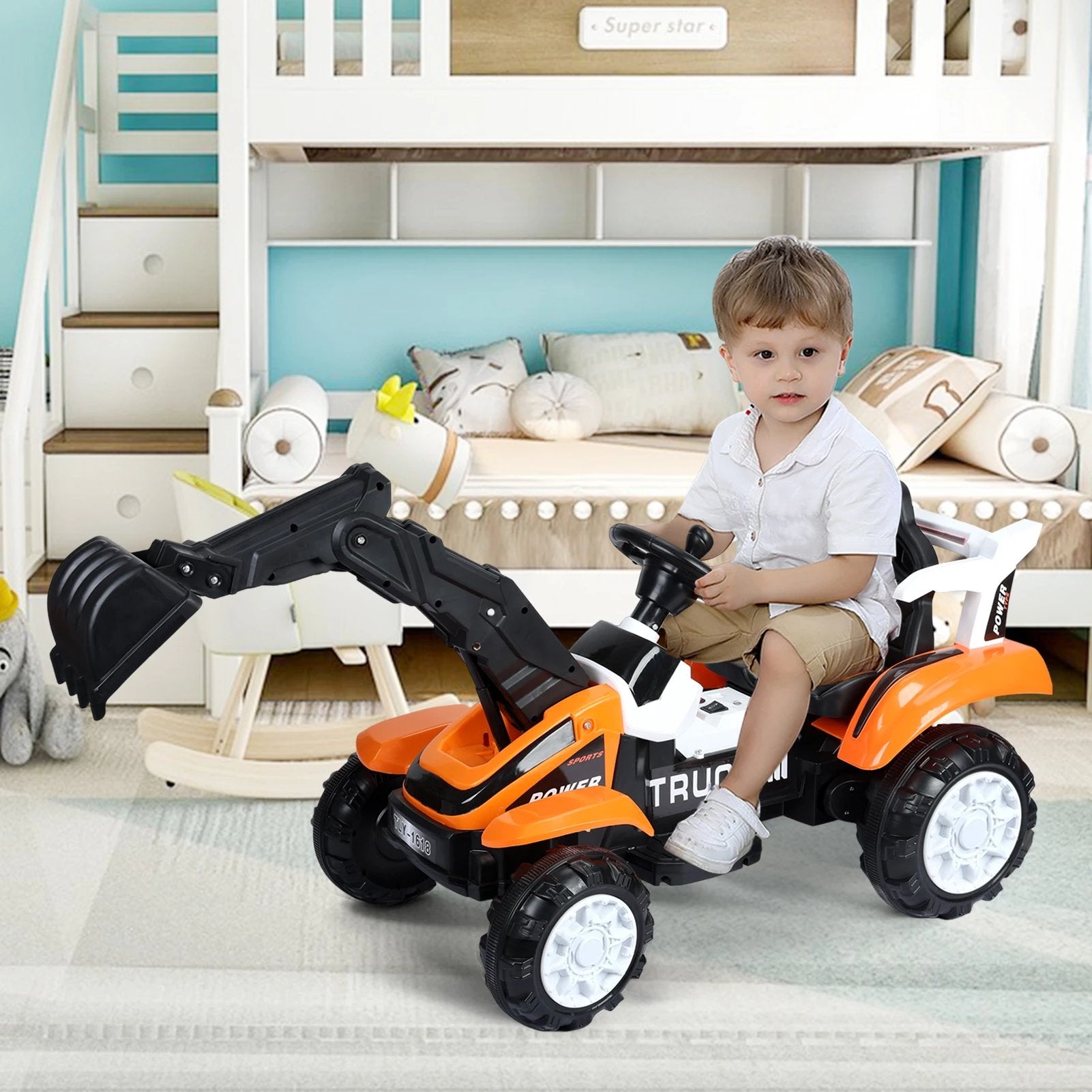 Electric Ride-On Excavator Toy for Kids Battery-Powered Construction Vehicle with Digging Arm, Music, and Lights