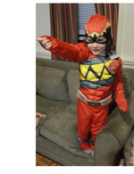 Kids Red Dragon Ranger Outfit Muscle Chest Jumpsuit with Helmet for Cosplay Party