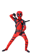 Kids Deady Pool Costume Red Jumpsuit with Helmet Backpack and Swords for Halloween Cosplay