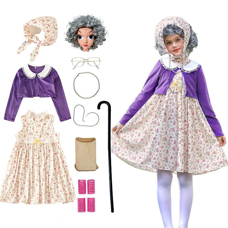 Girls 100 Days of School Old Lady Costume Grandma Cosplay Outfit Dress Wig Walking Stick Full Set