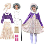 Girls 100 Days of School Old Lady Costume Grandma Cosplay Outfit Dress Wig Walking Stick Full Set