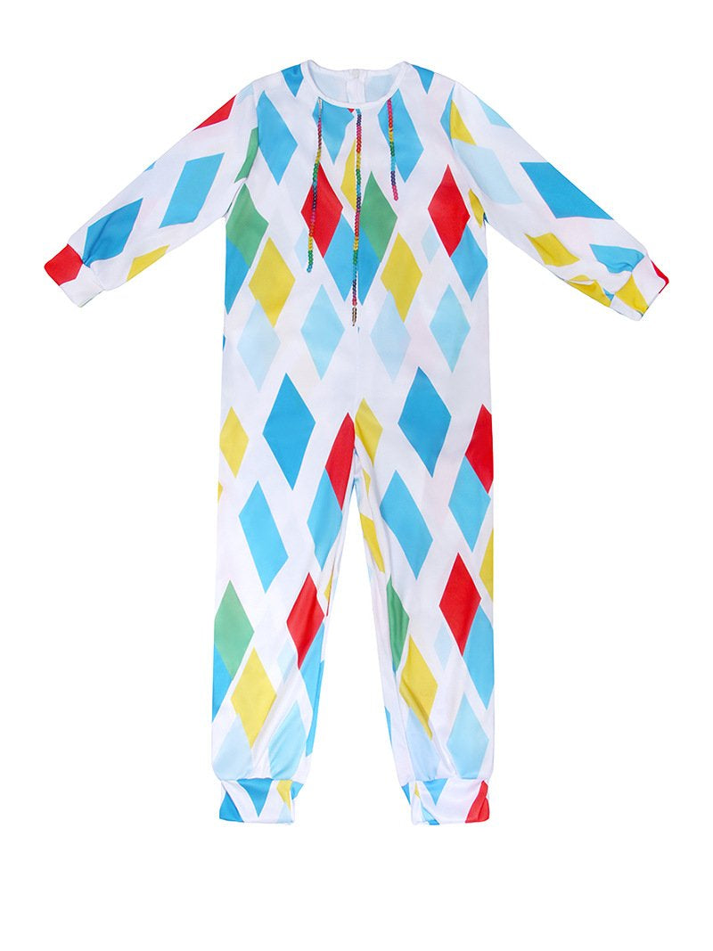 Kids Mardi Gras Outfit Harlequin Costume with Colorful Wig and Nose for Parade Party