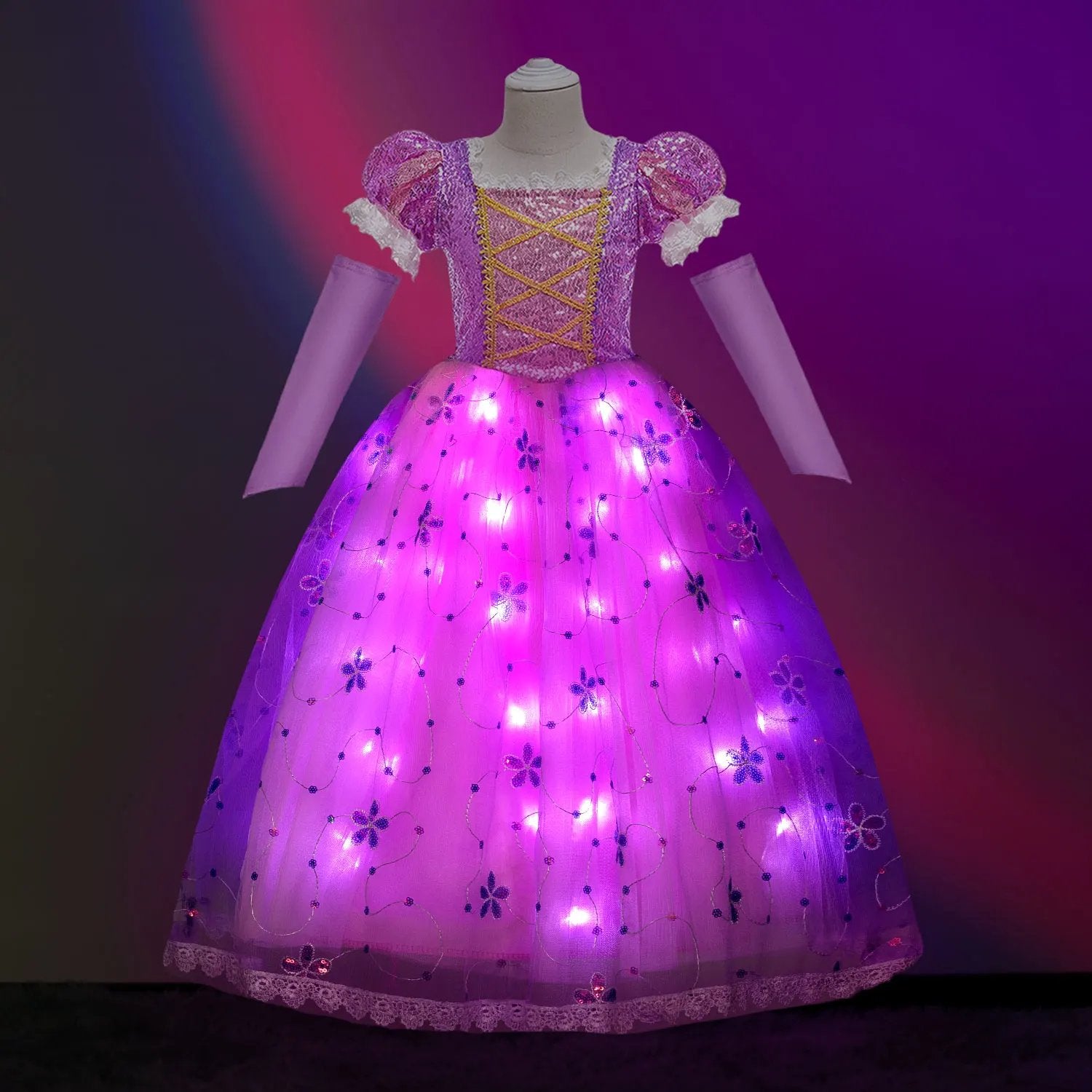 Princess Rapunzel Dress Girls Light Up Dress Puff Sleeve Party Dress Ball Gown