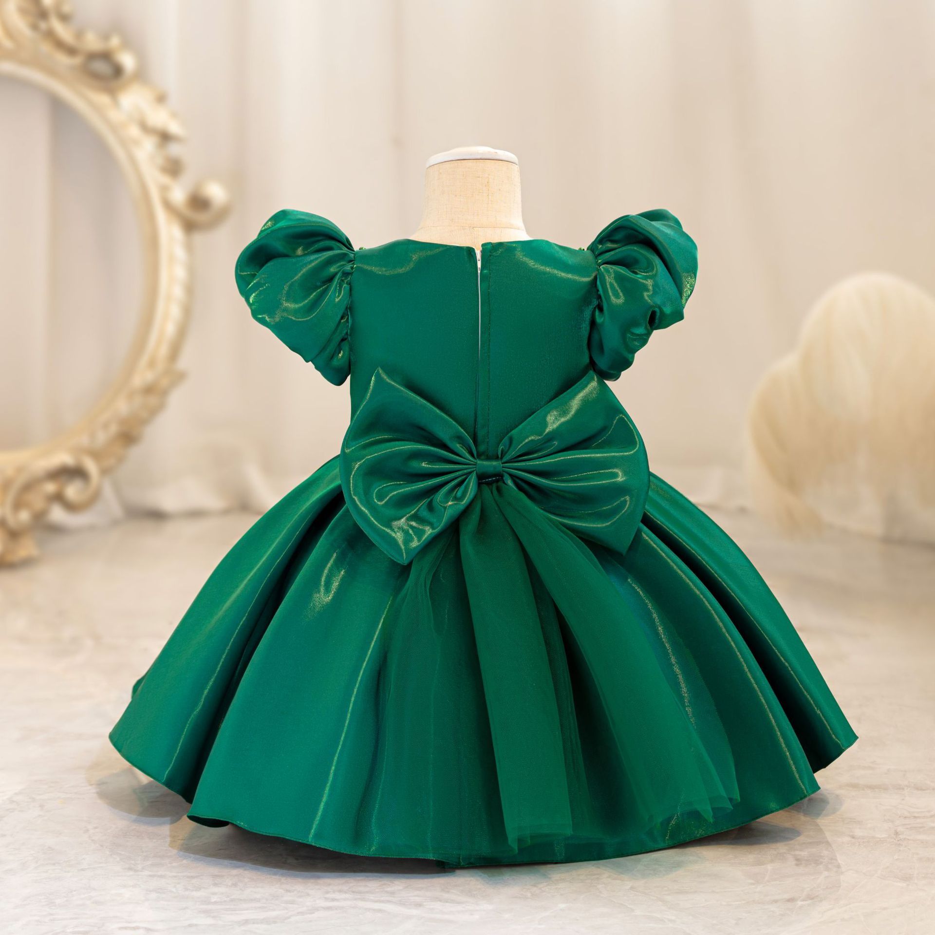 Toddler Christmas Party Dress Formal Puff Sleeve Xmas Smocked Green Costume for Girls