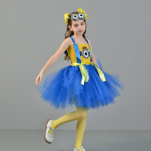 Girls Purple Minion Cos Cute Tutu Dress with Minion Goggles and Headband for Halloween Dress Up Party