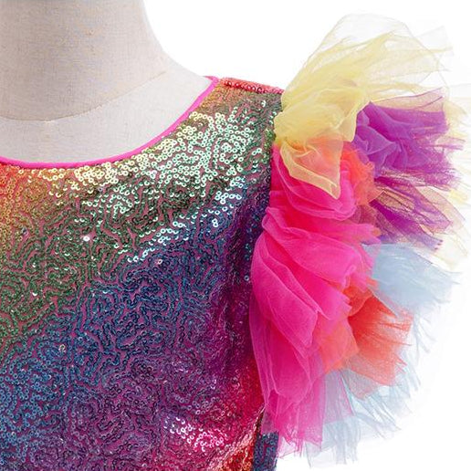 Girls Mardi Gras Costume Sequined Jumpsuit with Tiered Tulle Overskirt for Carnival Parade