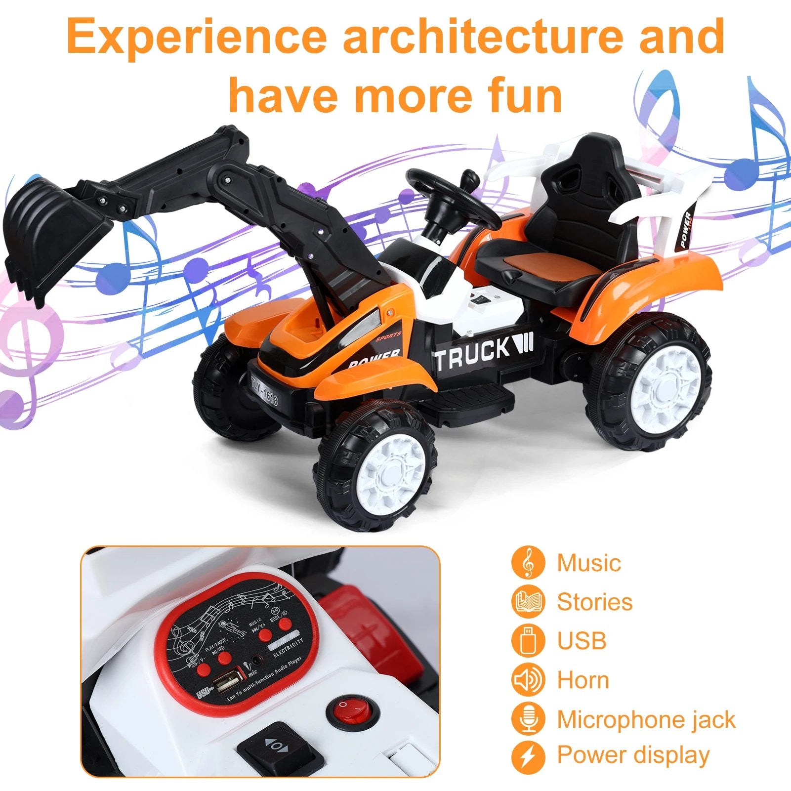 Electric Ride-On Excavator Toy for Kids Battery-Powered Construction Vehicle with Digging Arm, Music, and Lights