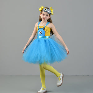 Girls Minion Dress Halloween Cosplay Costume and Goggles Kids Birthday Party Outfit