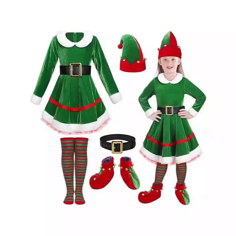 Girls Elf Costume Soft Velvet Xmas Party Outfits Kids Elf Suit