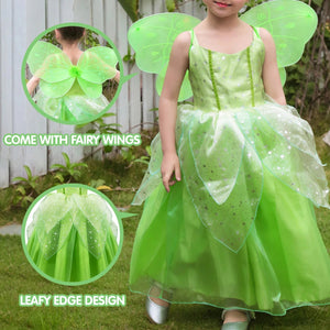Girls Tink Bell Light Up Dress Green Ball Gown LED Costume With Wing for Dress Up Party