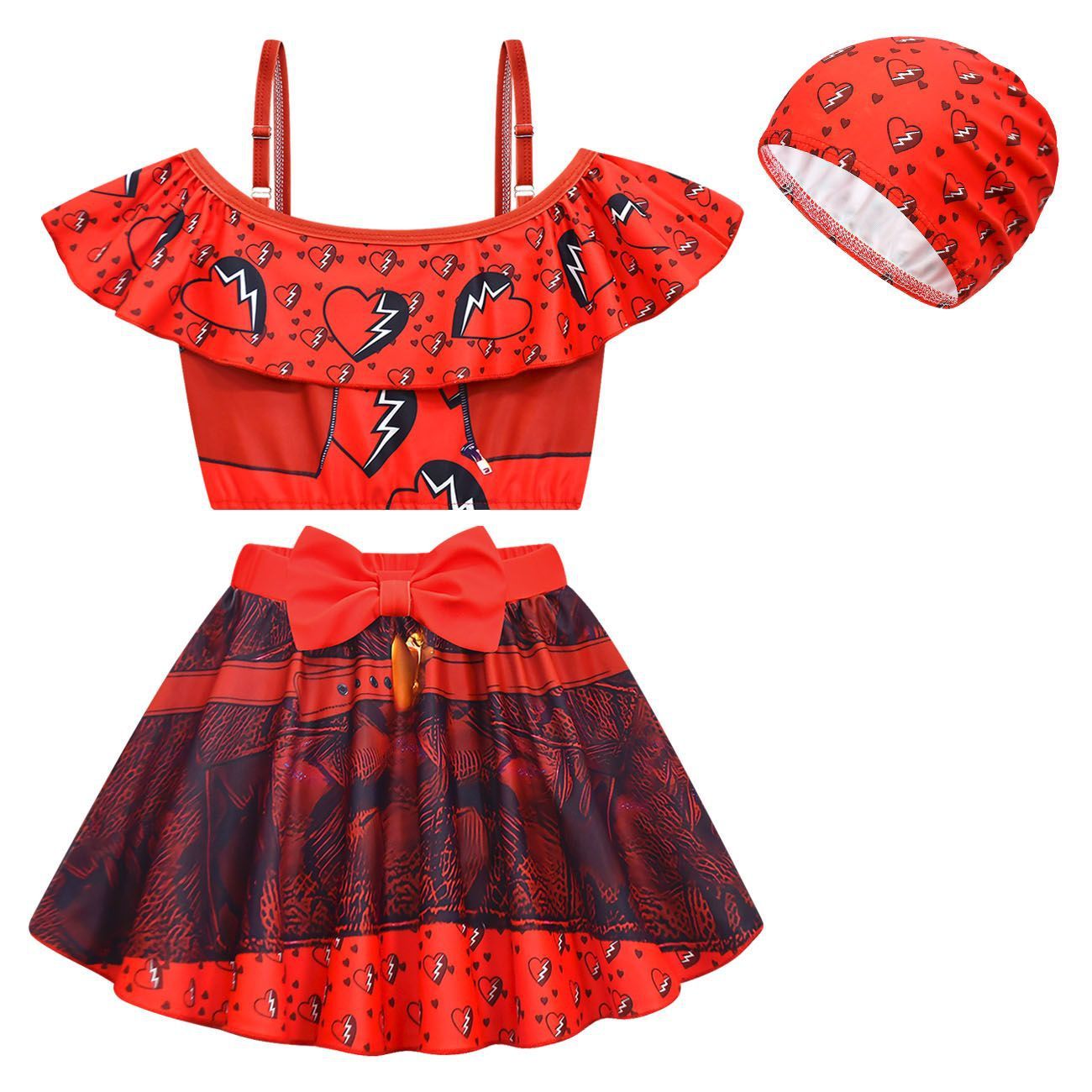 Kids Red Swimsuit Off Shoulder Tops and Skirt Swimming Suit for Beach Vacation