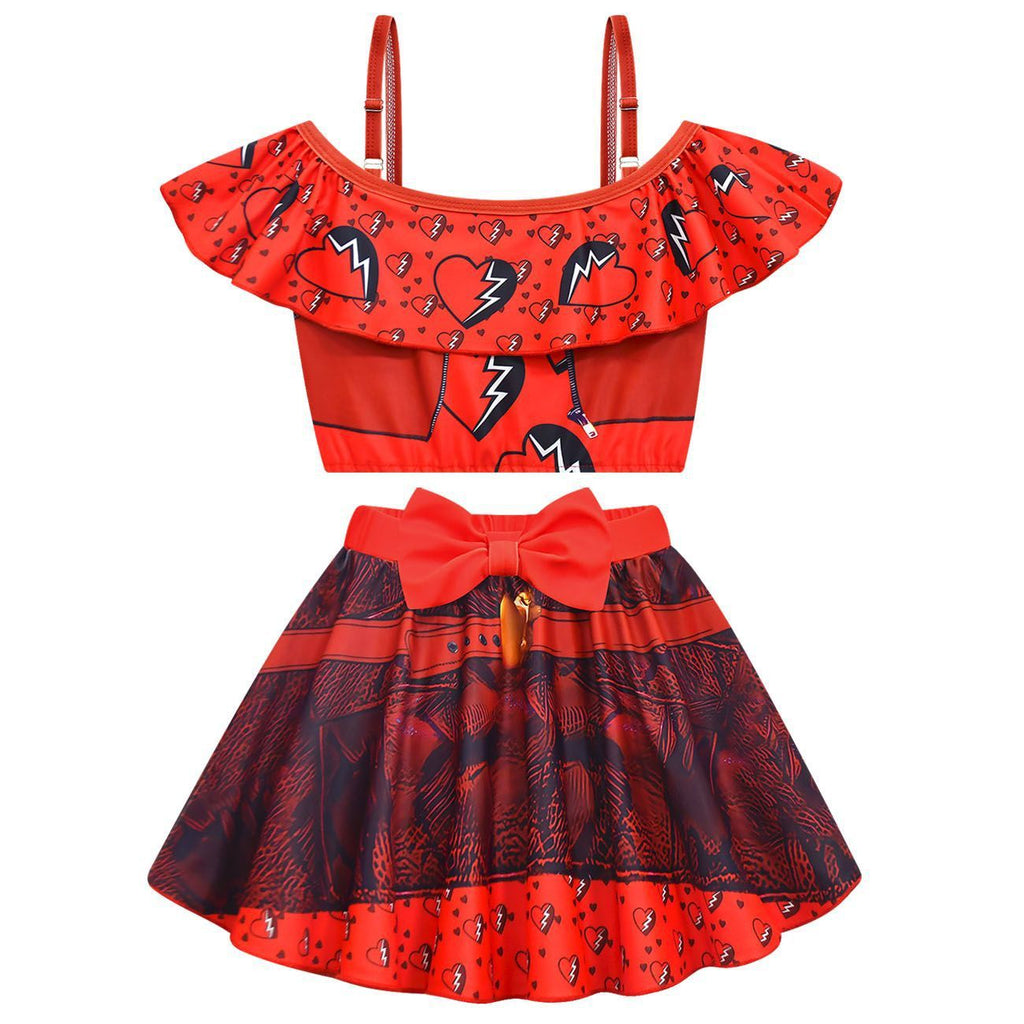 Kids Red Swimsuit Off Shoulder Tops and Skirt Swimming Suit for Beach Vacation