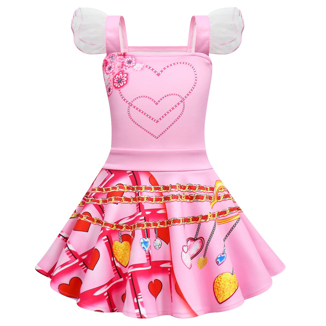 Girls Bridget Costume Queen of Hearts Pink Fly Sleeve Party Dress Bag and Gloves