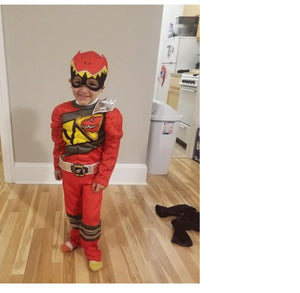 Kids Red Dragon Ranger Outfit Muscle Chest Jumpsuit with Helmet for Cosplay Party