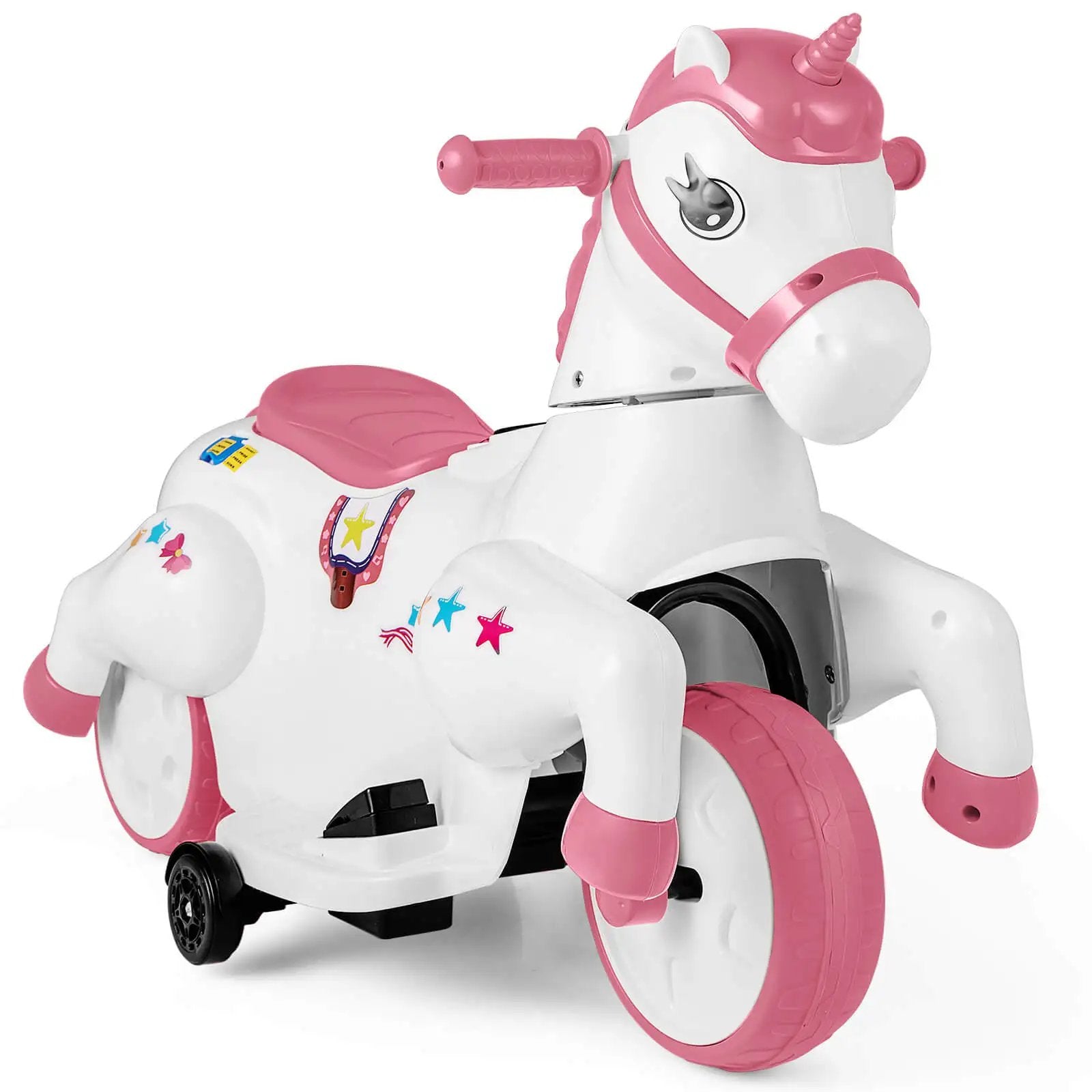 12V Kids Ride-On Toy with Training Wheels Dual Riding Modes Music Safety Horse Toy for Girls