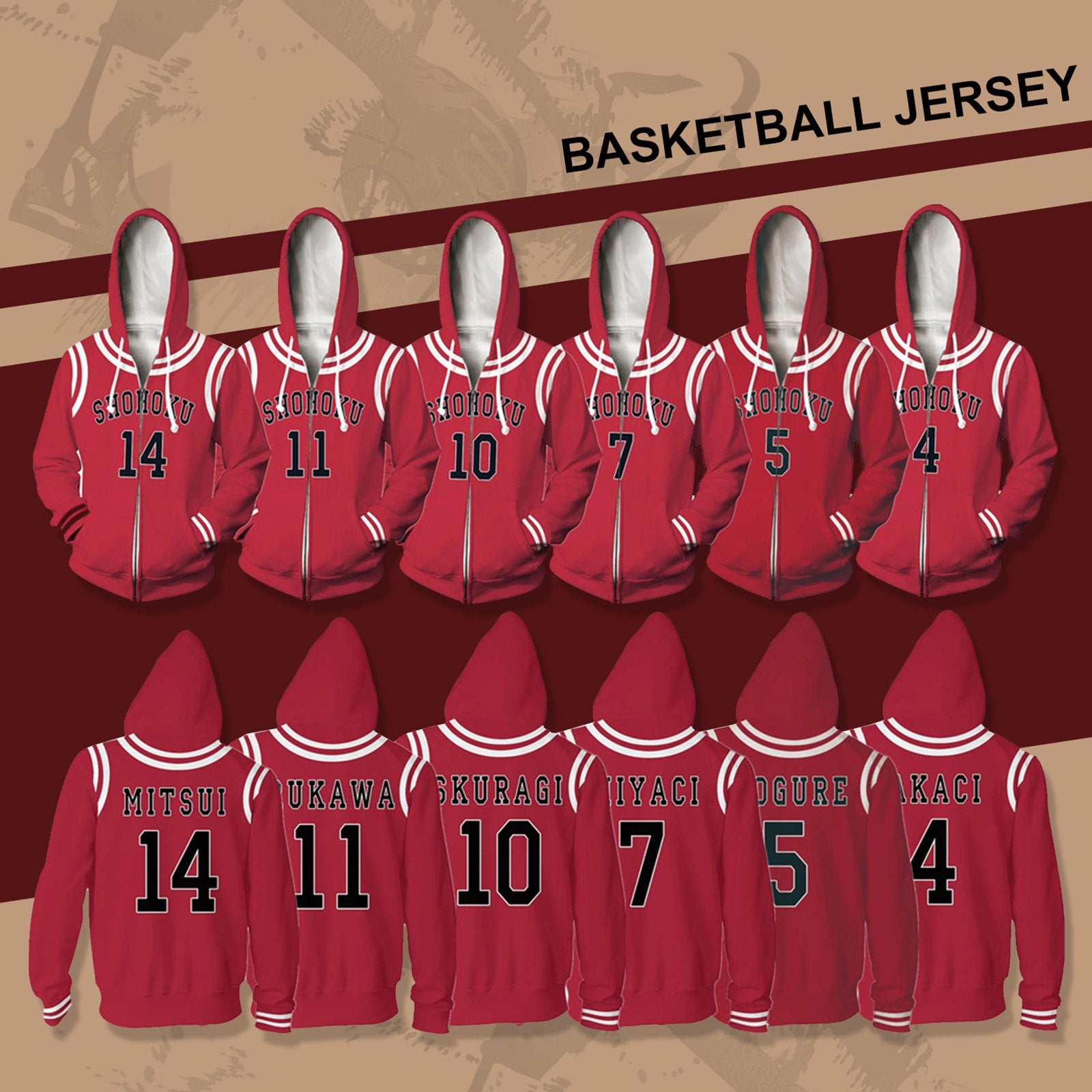 Slam Dunk Cosplay Costume Shohoku Zip-up Hoodie Unisex Hooded Sweatshirt for Adult