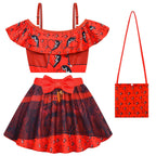 Kids Red Swimsuit Off Shoulder Tops and Skirt Swimming Suit for Beach Vacation