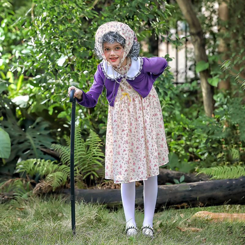 Girls 100 Days of School Old Lady Costume Grandma Cosplay Outfit Dress Wig Walking Stick Full Set