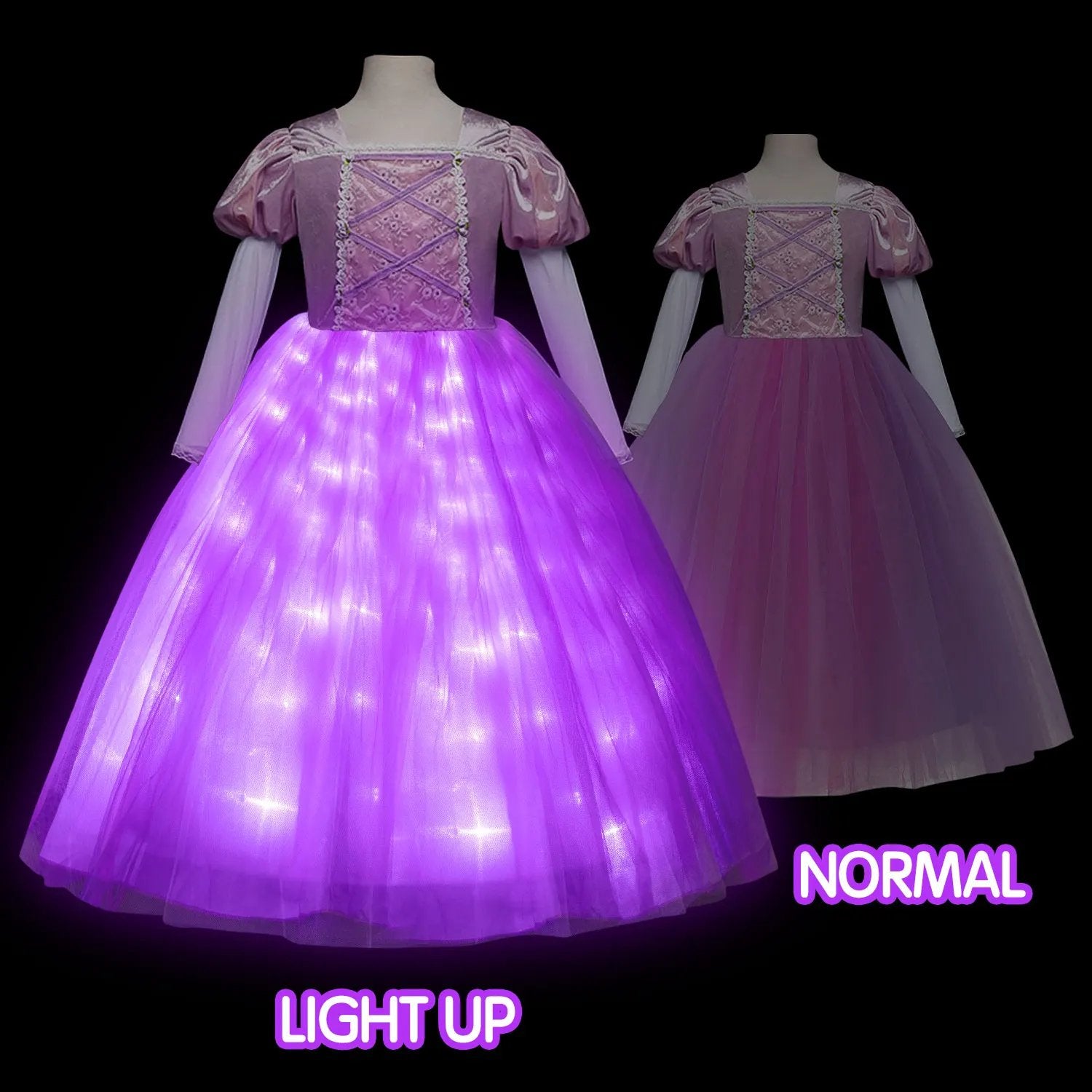 Kids Light Up Dress Long Hair Princess of Corona LED Fancy Costume Birthday Party Outfit