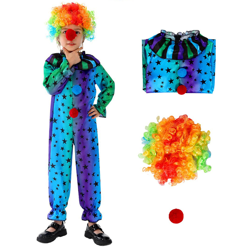 Kids Mardi Gras Jester Costume Jumpsuit Wig and Nose Outfit for Boys Girls