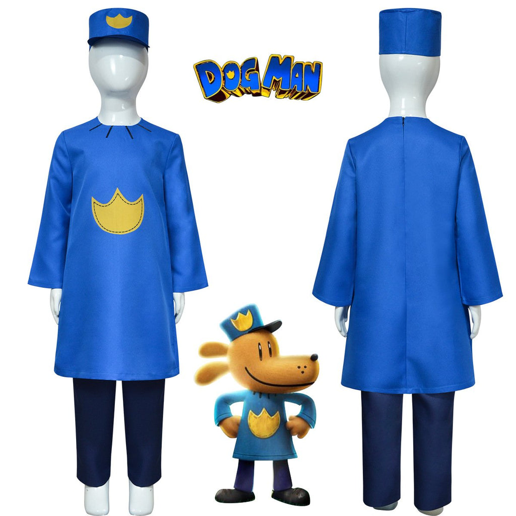 Kids Adults Dog Police Man Costume Blue Tops Pants and Hat for Cosplay