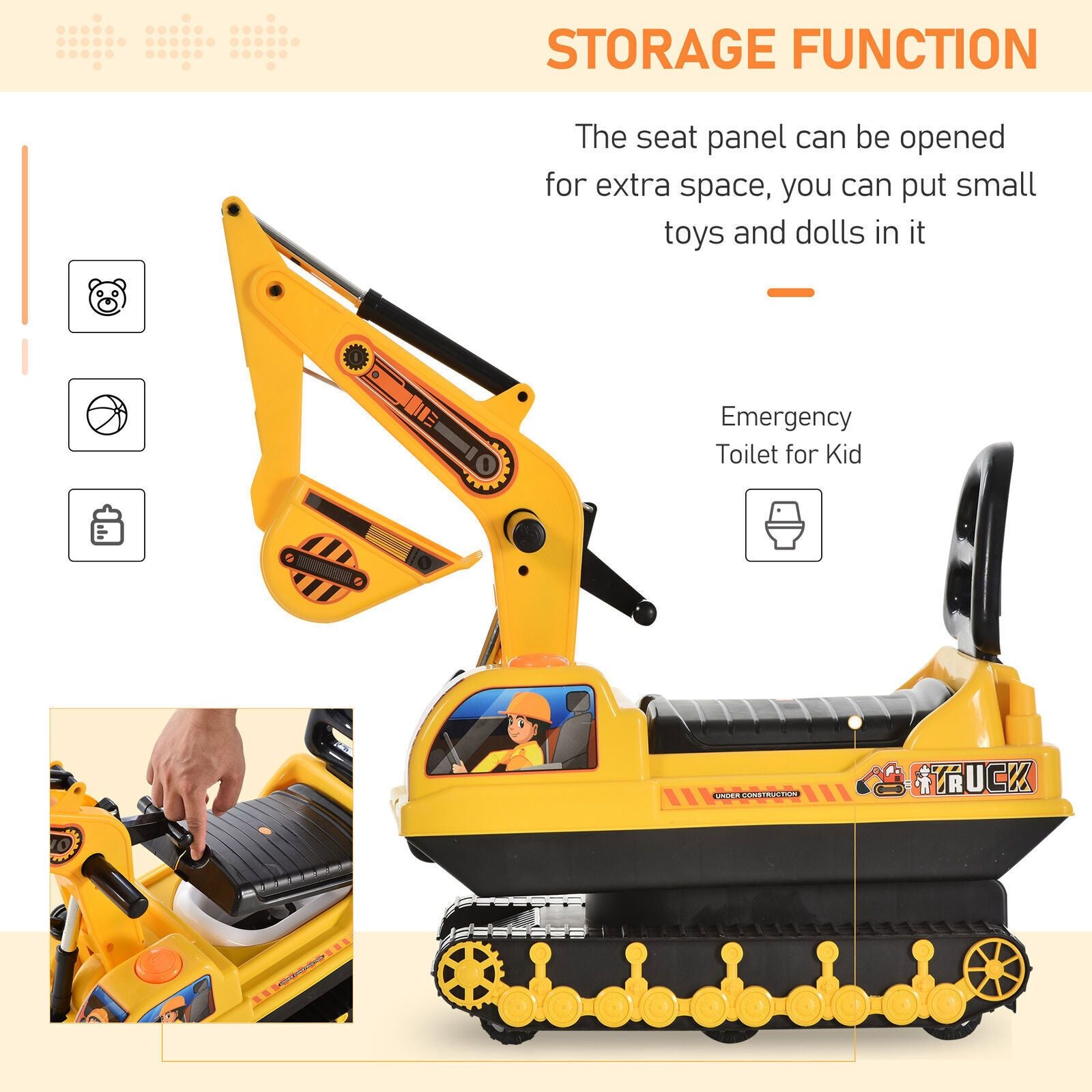 Ride-On Excavator Toy for Toddlers - Movable Construction Digger with Dual Action Levers, Horn, and Storage Box