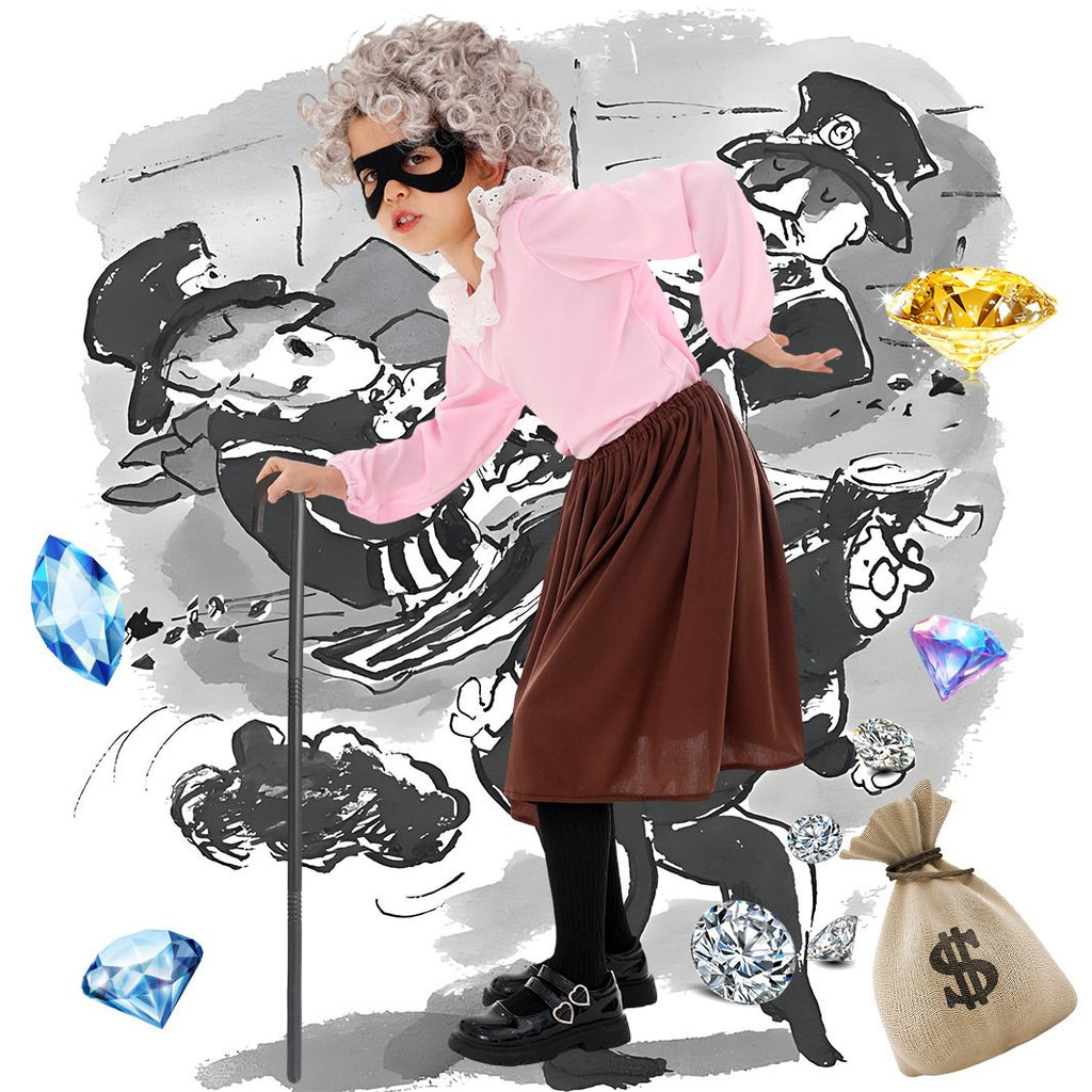 Girls Old Lady Costume 100 Days of School Dress Up Outfit with Wig and Walking Stick